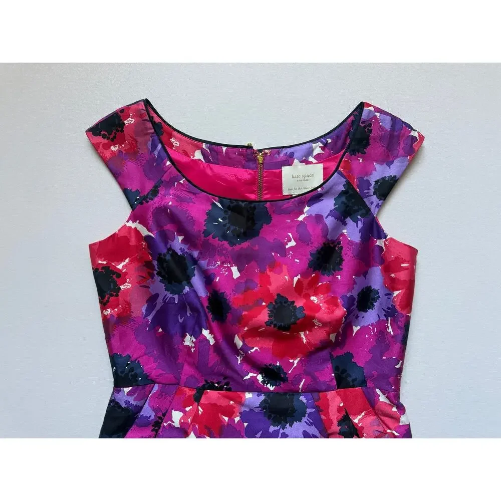 Kate Spade Women's Pink Purple Floral Print Cotton Silk Cap Sleeve Dress Size 2